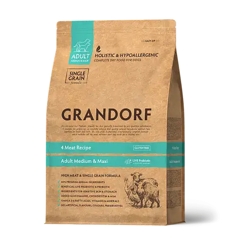 Купить grandorf сухой низкозерновой корм для взрослых собак всех пород с пробиотиками "четыре вида мяса с бурым рисом"