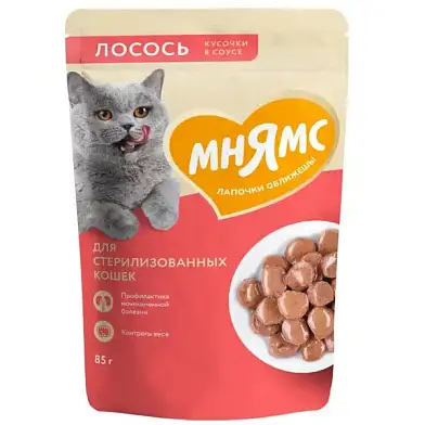 Мнямс влажный корм для стерилизованных кошек кусочки в соусе с лососем (пауч)
