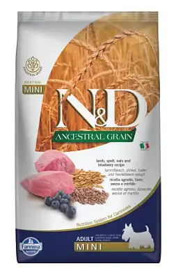 Farmina N&D Ancestral Grain Dog Lamb Blueberry Adult Mini сухой низкозерновой корм для взрослых собак мелких пород с ягненком и черникой
