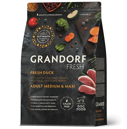 Купить grandorf fresh сухой беззерновой корм для взрослых собак средних и крупных пород с живыми пробиотиками, утка с бататом