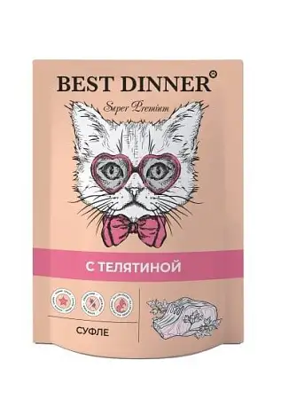 Купить best dinner super premium влажный корм для кошек и котят. Суфле с телятиной (пауч)