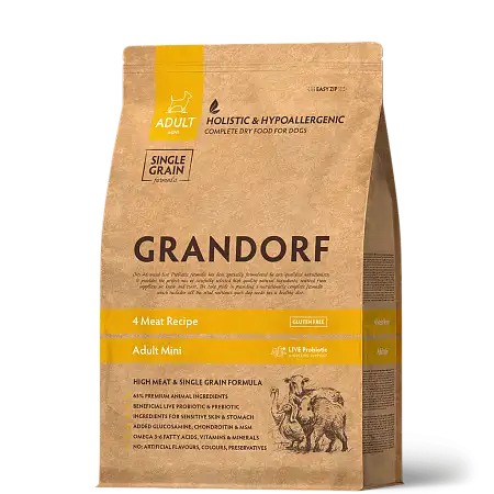 Купить grandorf сухой низкозерновой корм для взрослых собак мелких пород с пробиотиками "четыре вида мяса с бурым рисом"