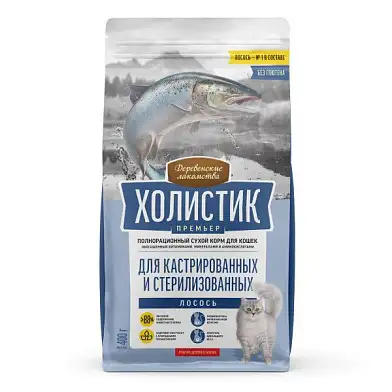 Деревенские лакомства Холистик Премьер сухой корм для стерилизованных кошек с лососем