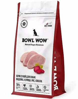 BOWL WOW сухой корм для собак средних пород с индейкой, курицей и свеклой