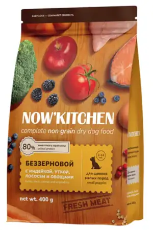 Купить now' kitchen grain free сухой беззерновой корм для щенков малых пород со свежей индейкой, уткой, лососем